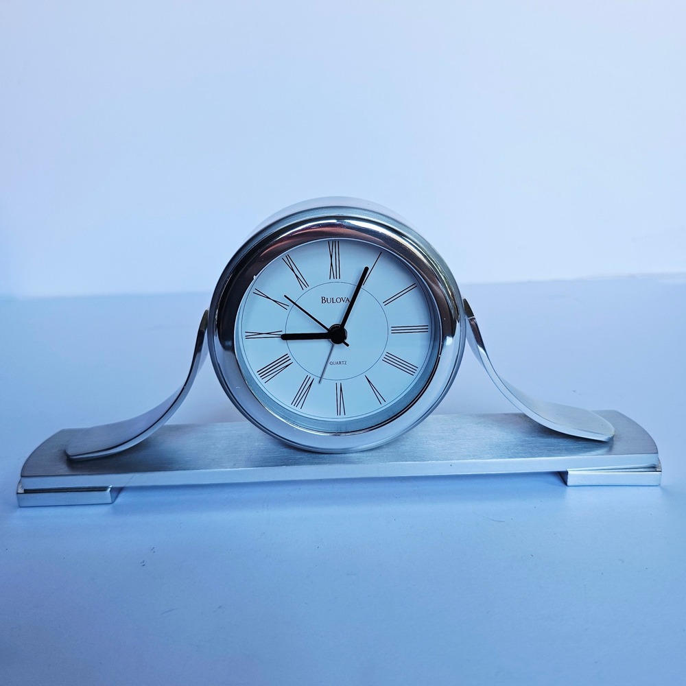Modern Bulova B2450 Desk Clock Brushed Silver Roman Numeral Quartz Timepiece